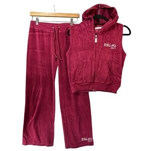 Vtg Eskimo Joe's Women Burgundy Terry Tracksuit 2pc Set Vest & Pants Size L Y2K